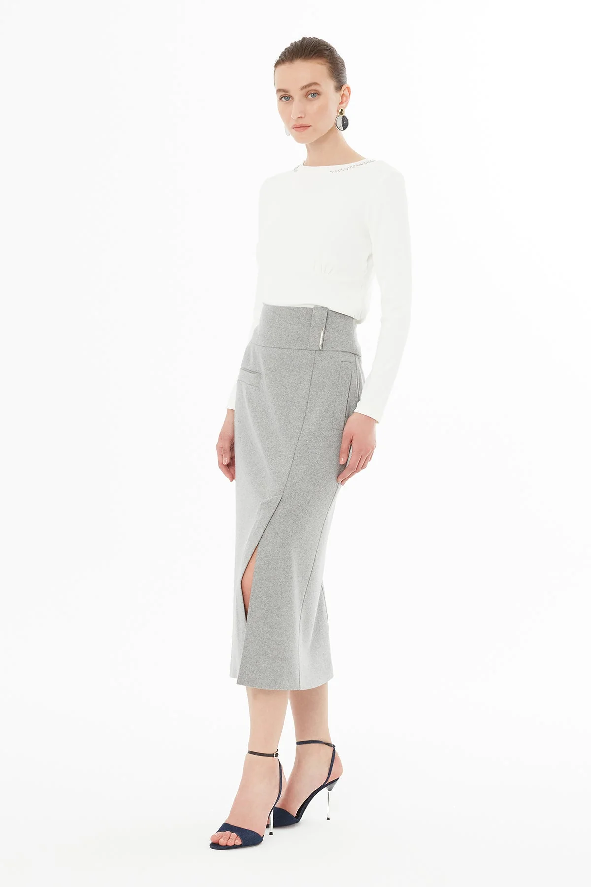 Grey Midi Skirt with Front Slit - Image 4