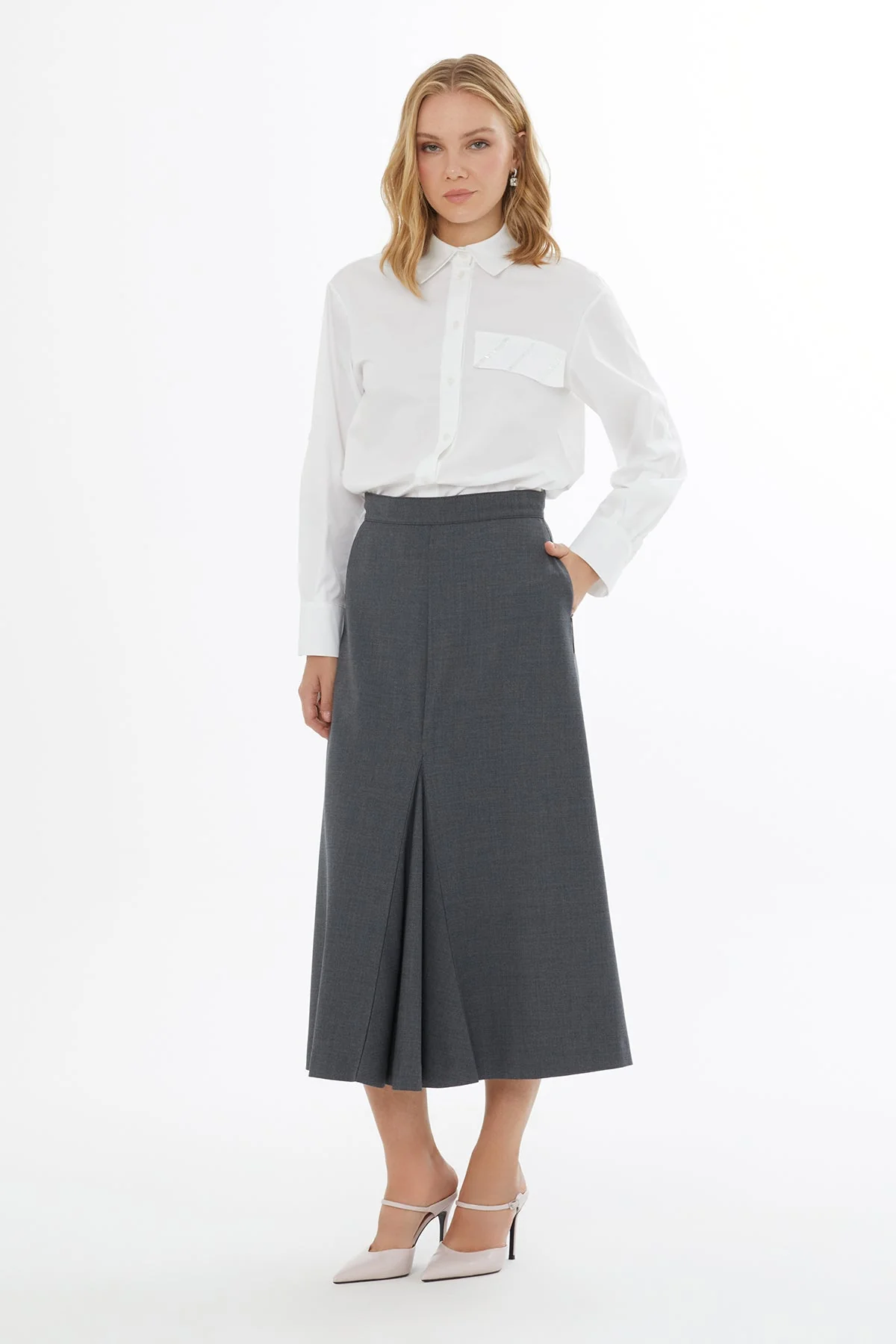 Grey Midi Skirt with Pleated Details - Image 3