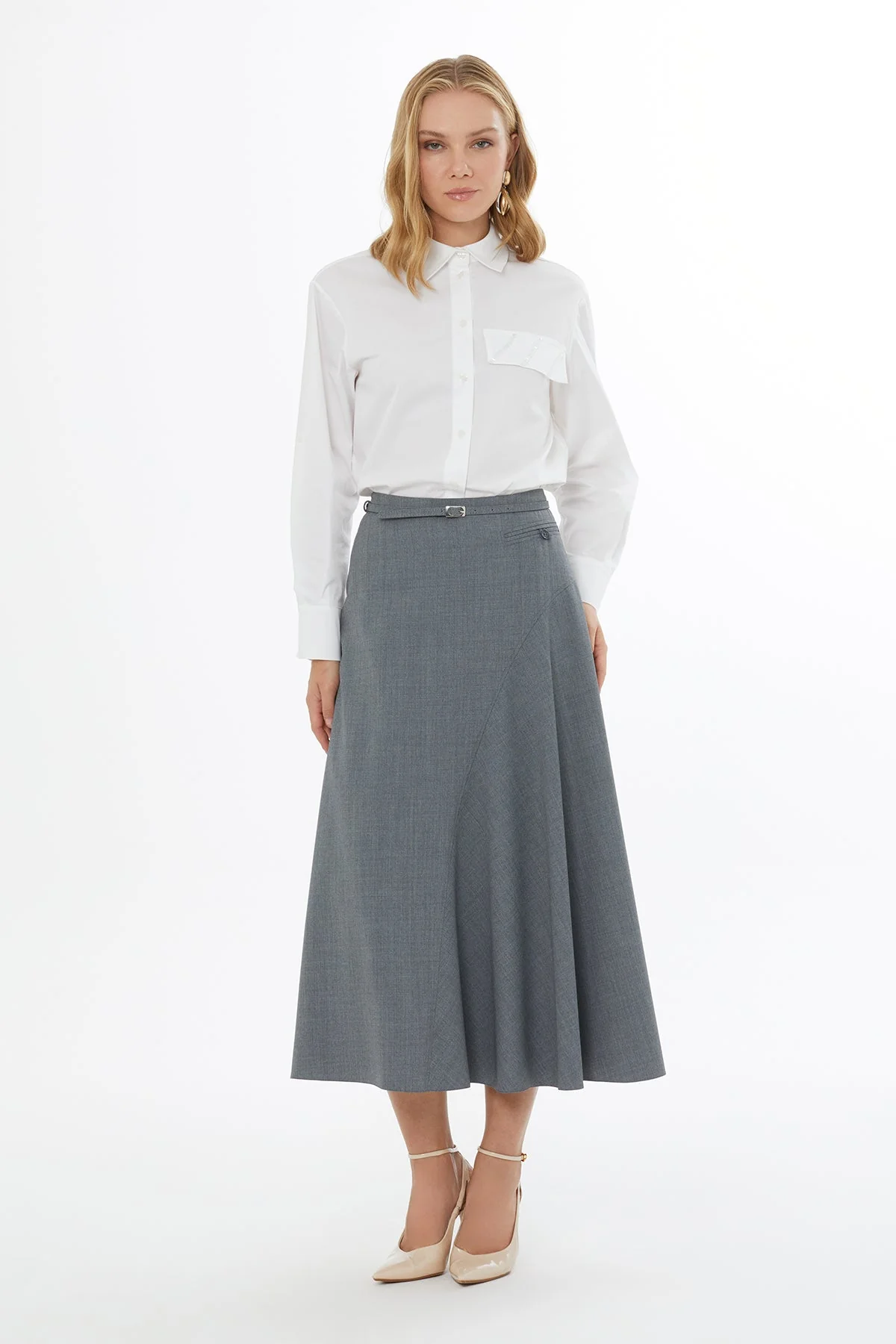 Grey Midi Skirt with Side Zipper