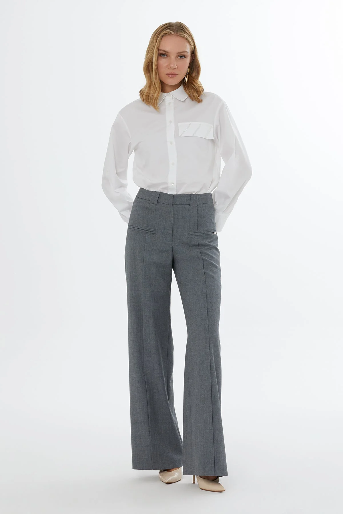 Grey Rib-Detail Wide-Leg Trousers