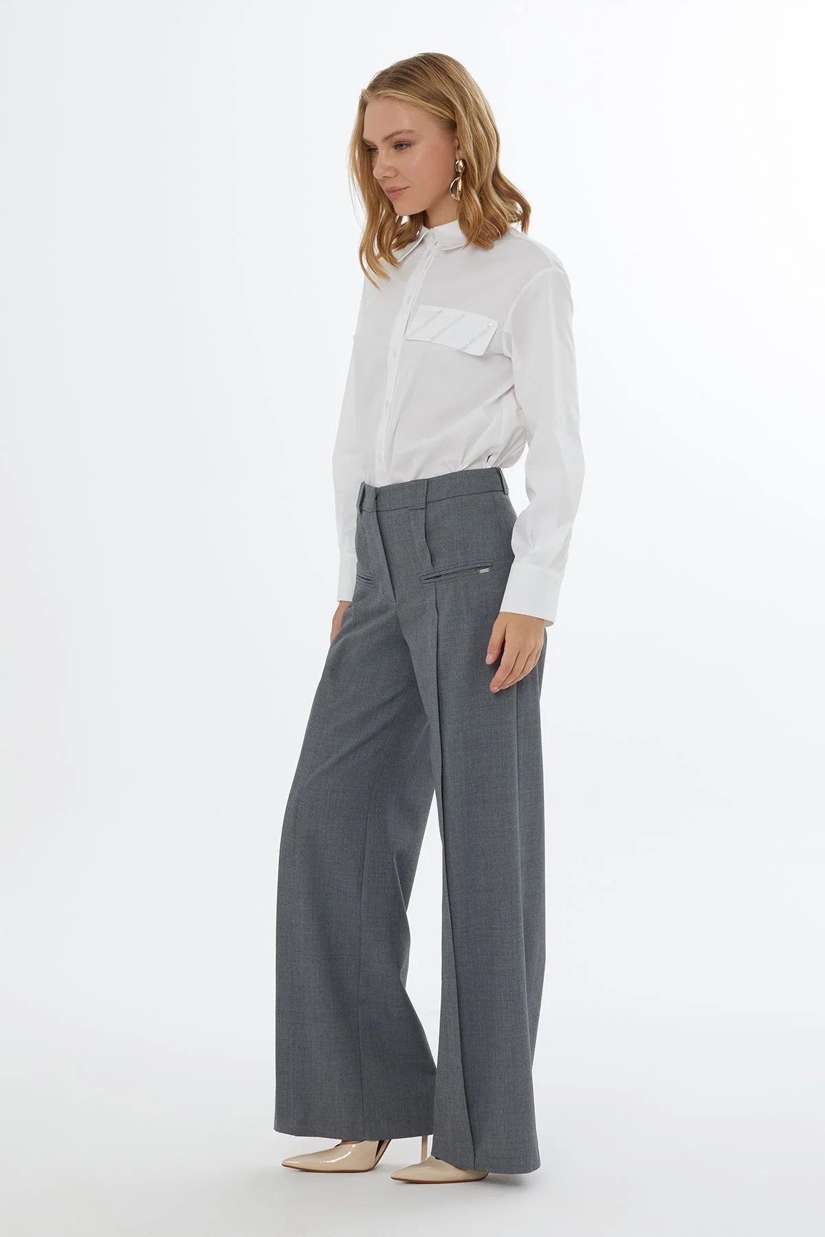 Grey Rib-Detail Wide-Leg Trousers - Image 2