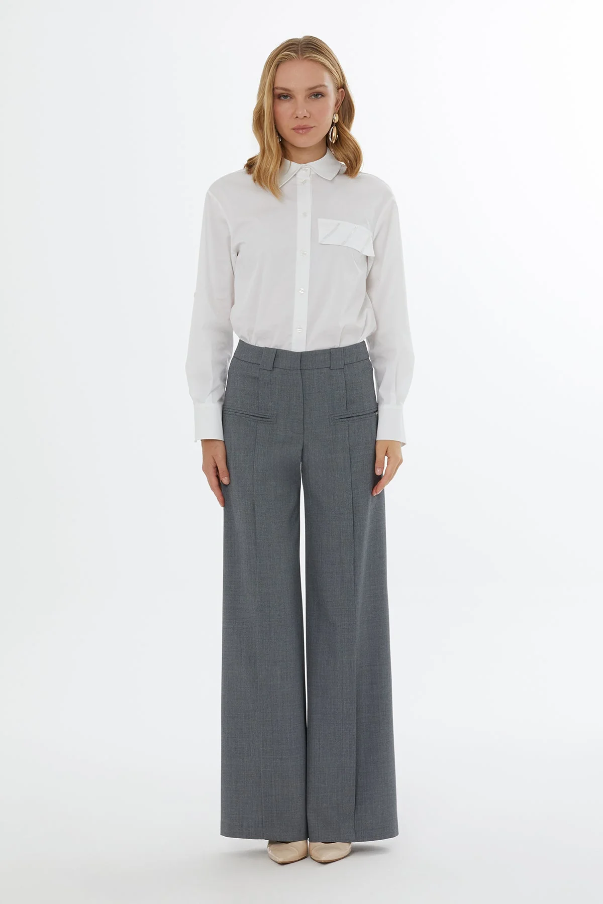 Grey Rib-Detail Wide-Leg Trousers - Image 3