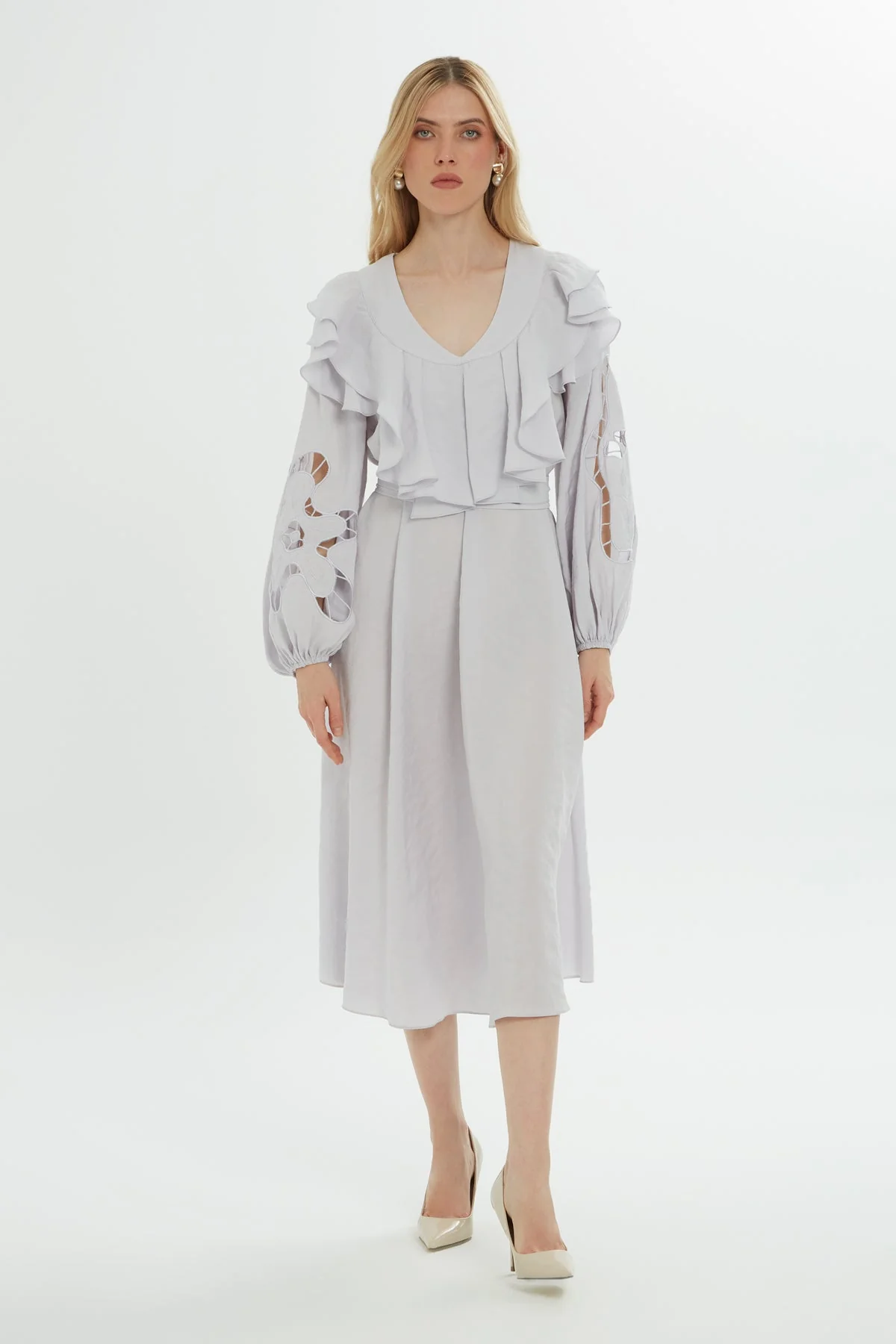 Grey Ruffle-Detail Midi Dress