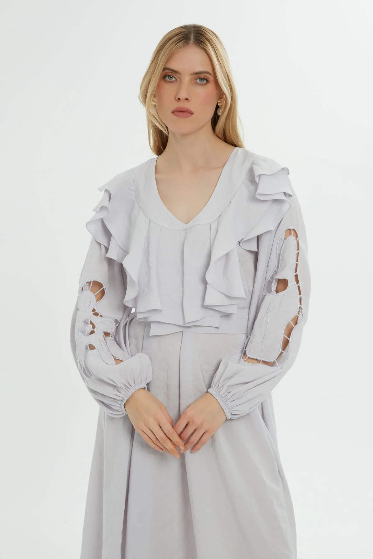 Grey Ruffle-Detail Midi Dress - Image 3