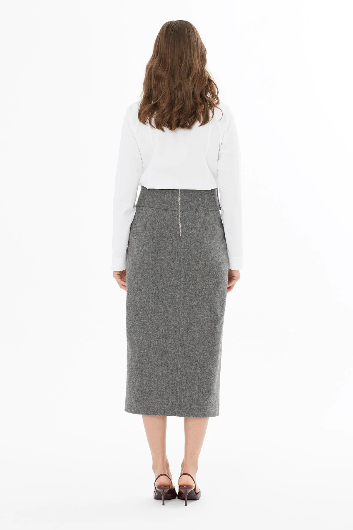 Grey Slit Midi Skirt with Belt - Image 3