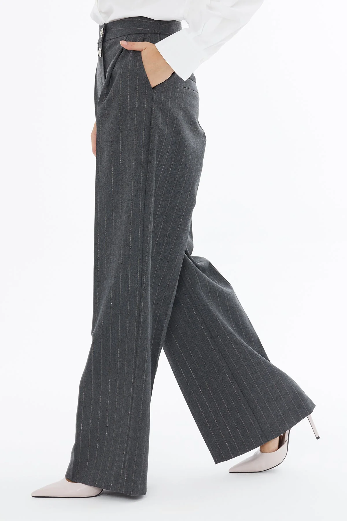 Grey Striped Trousers with Pockets - Image 2