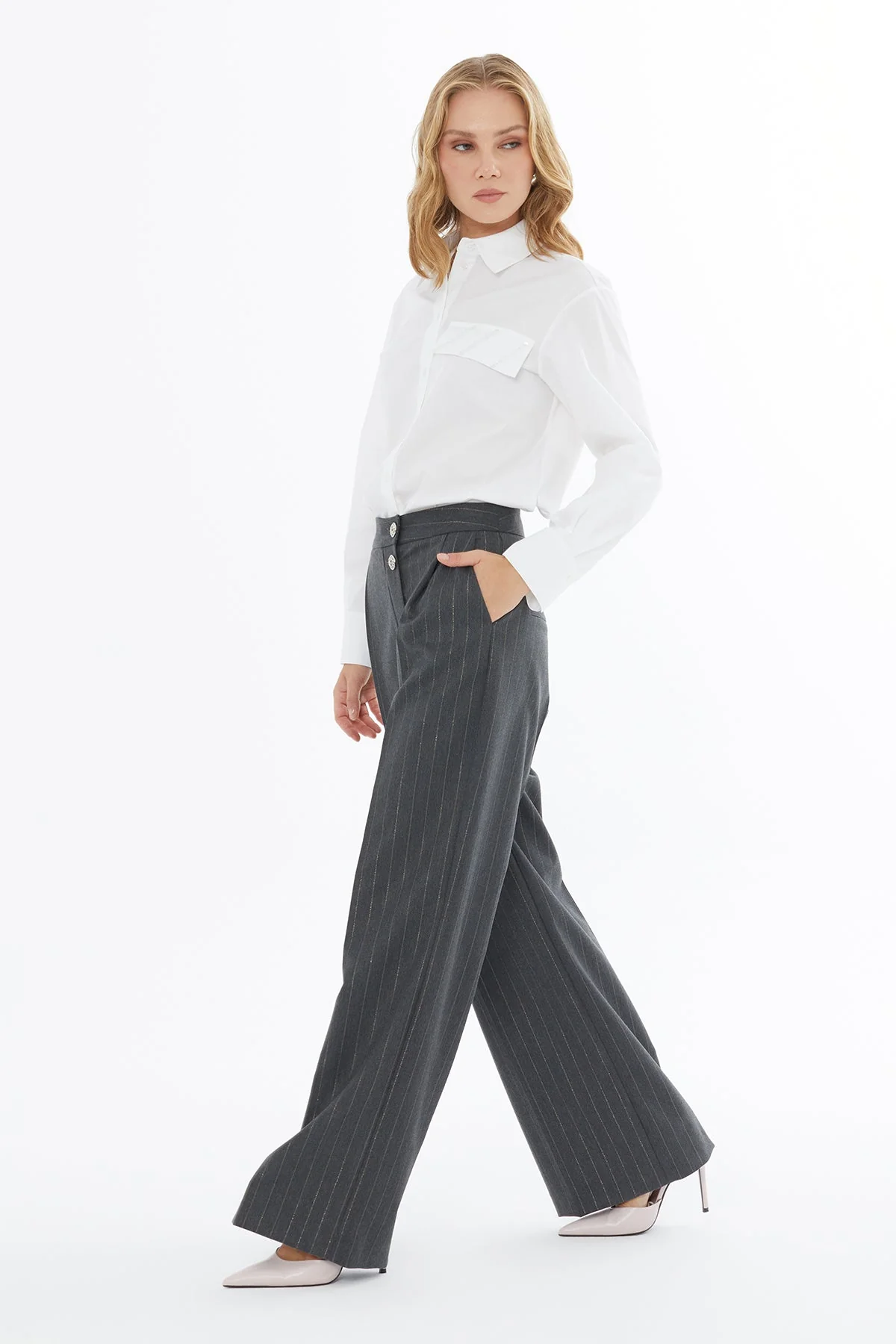 Grey Striped Trousers with Pockets - Image 3