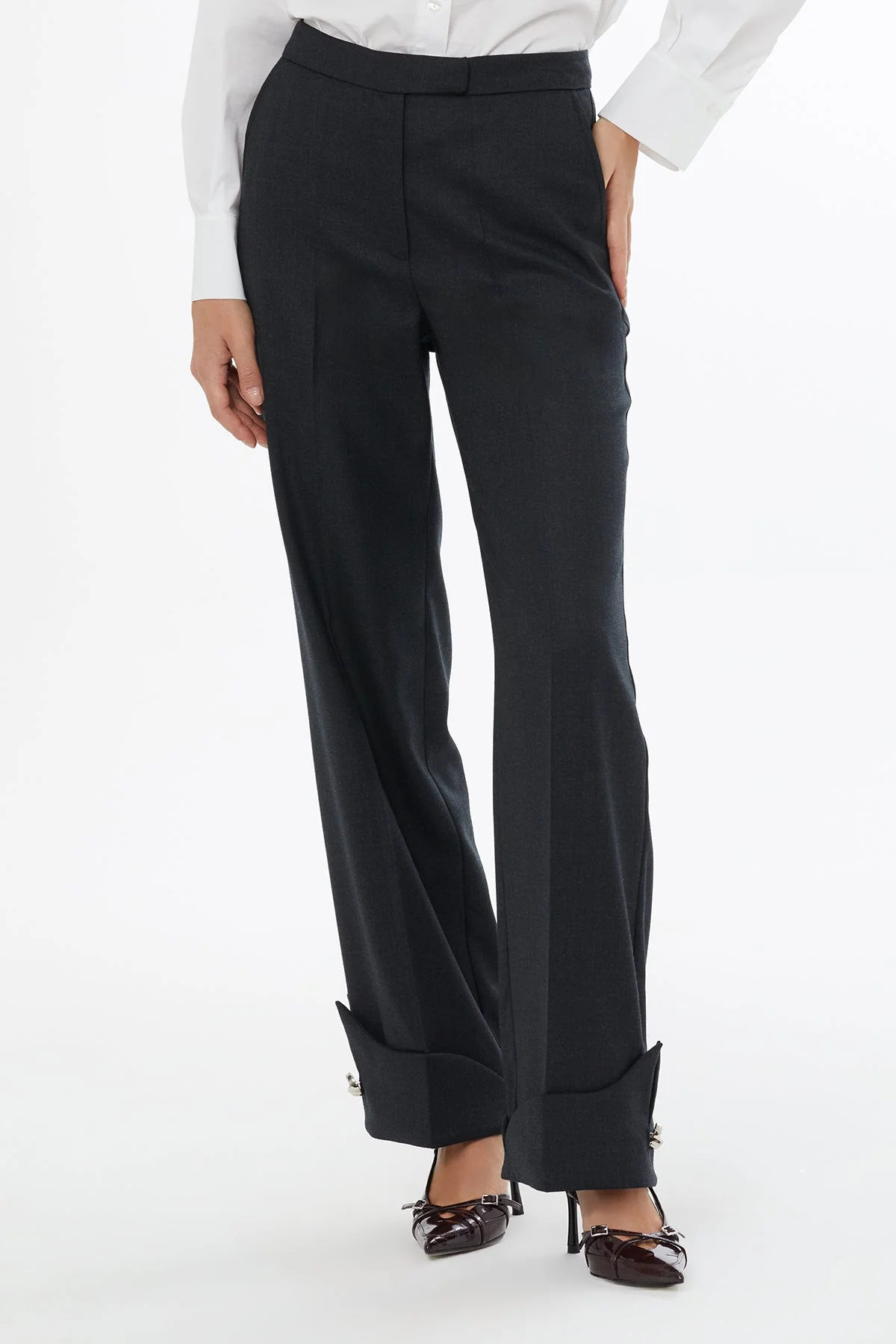 Grey Trousers with Metal-Hem Detail - Image 2