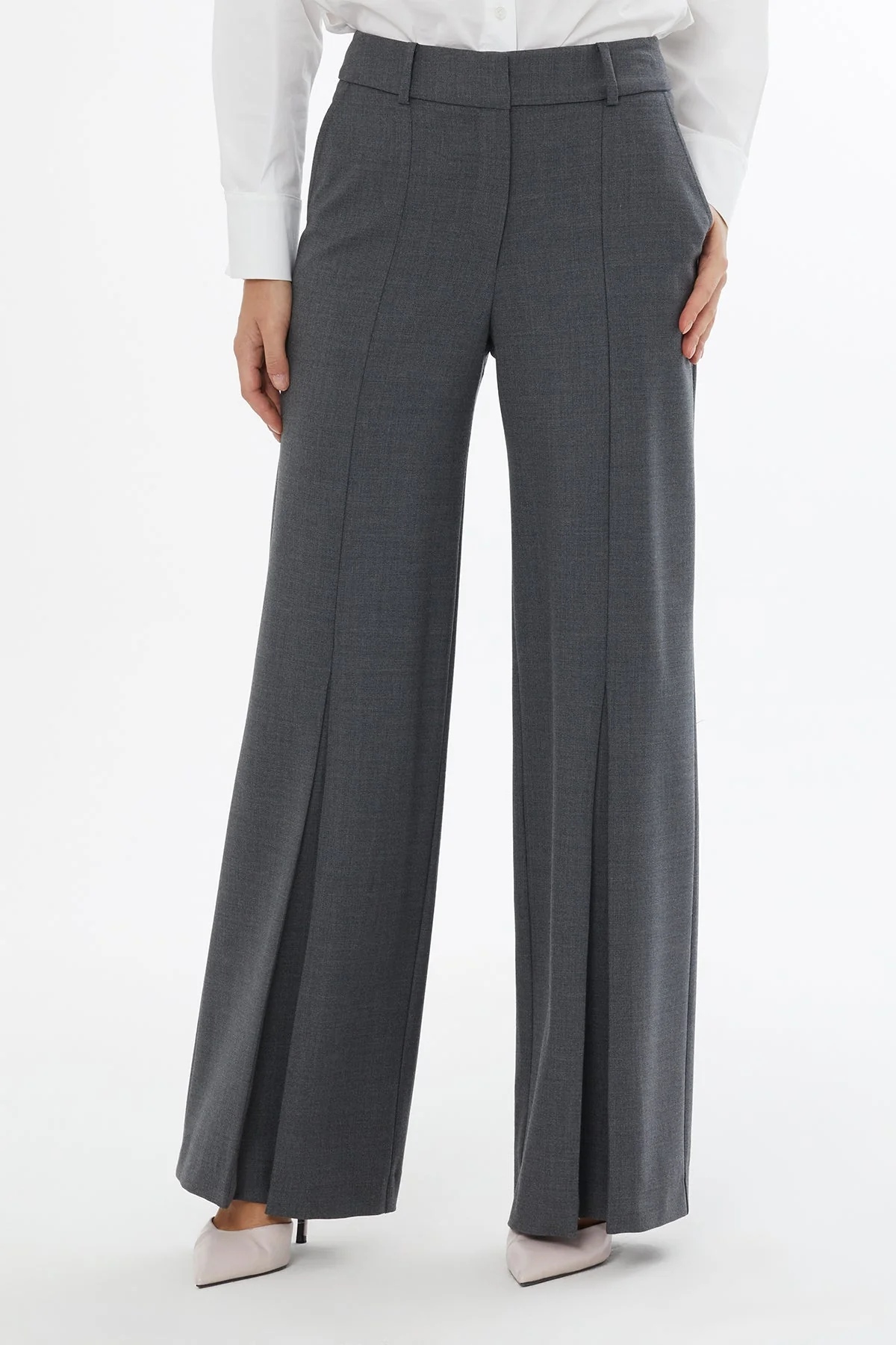 Grey Wide-Leg Pleated Trousers - Image 2