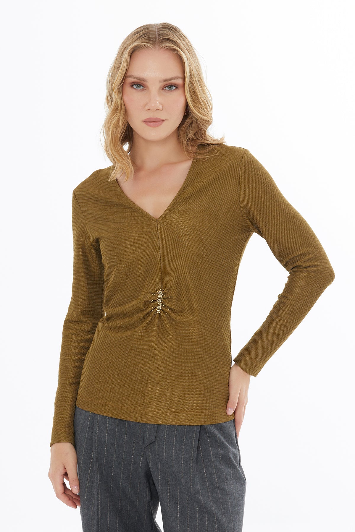 Khaki V-Neck Blouse with Stone Detailing - Image 3