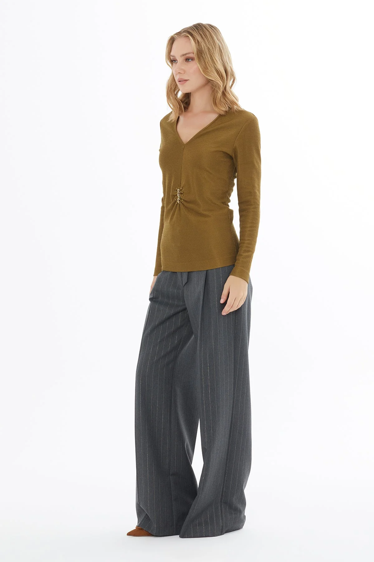 Khaki V-Neck Blouse with Stone Detailing - Image 4