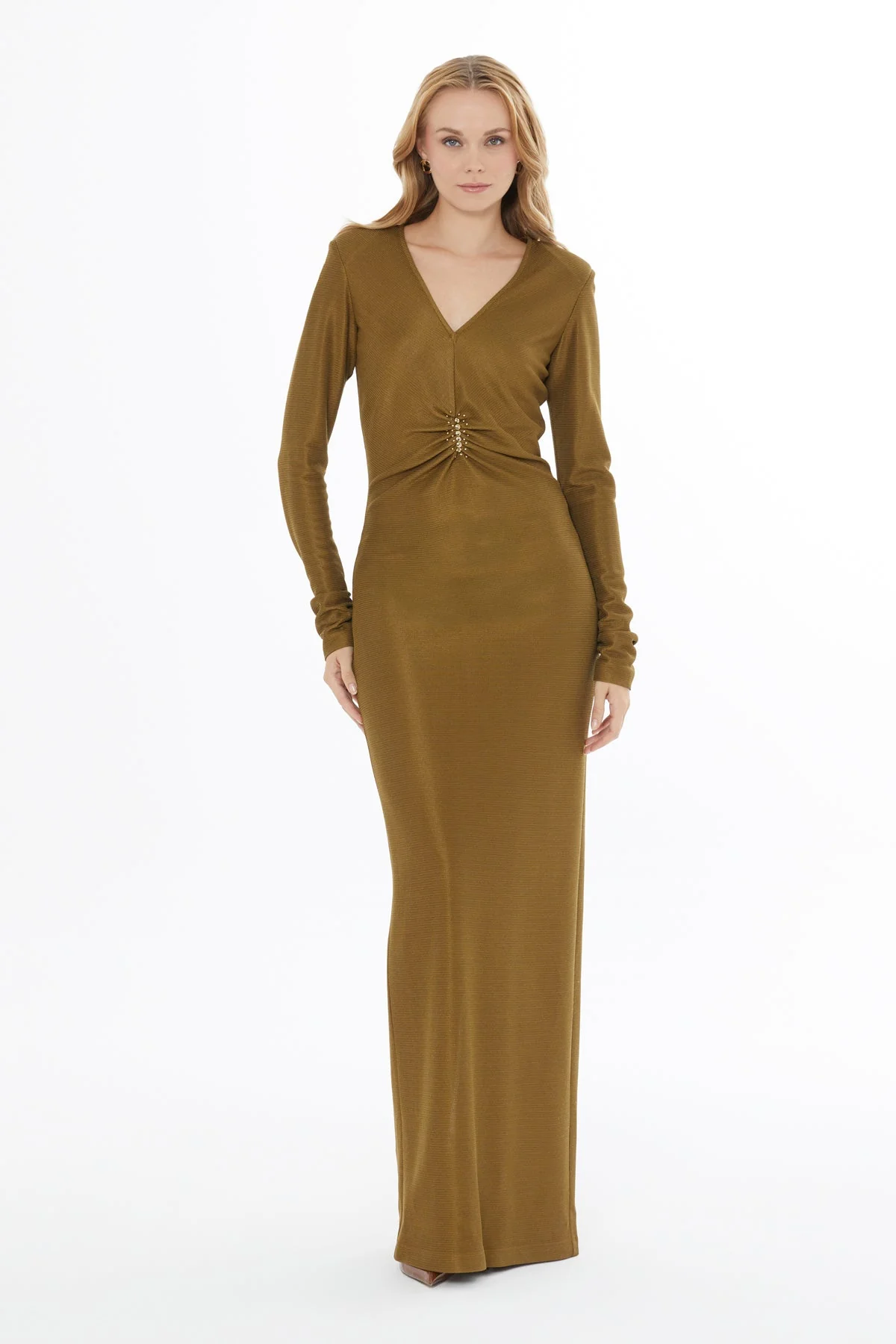 Khaki V-Neck Ruched Long Dress