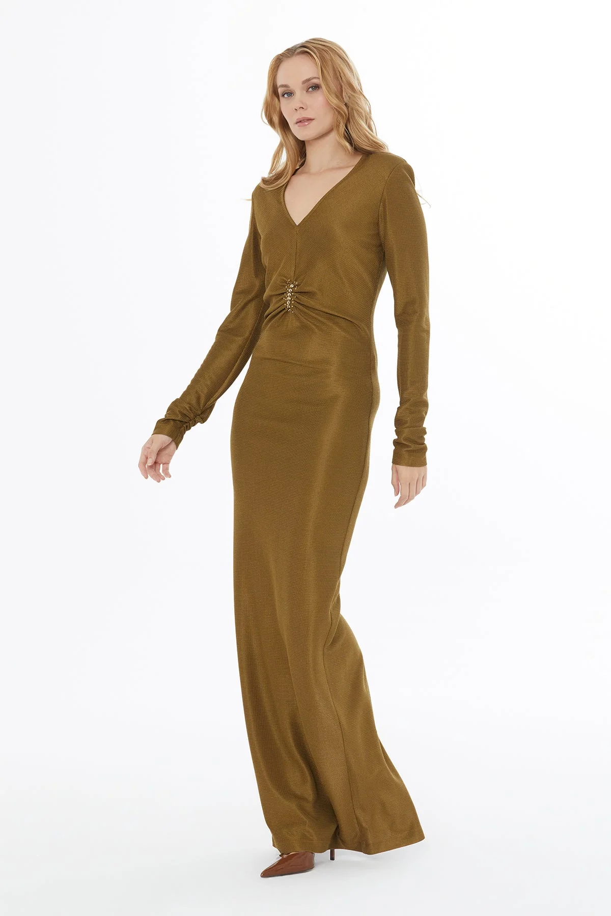 Khaki V-Neck Ruched Long Dress - Image 3