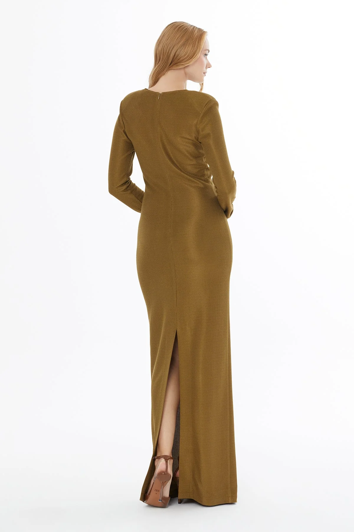 Khaki V-Neck Ruched Long Dress - Image 4