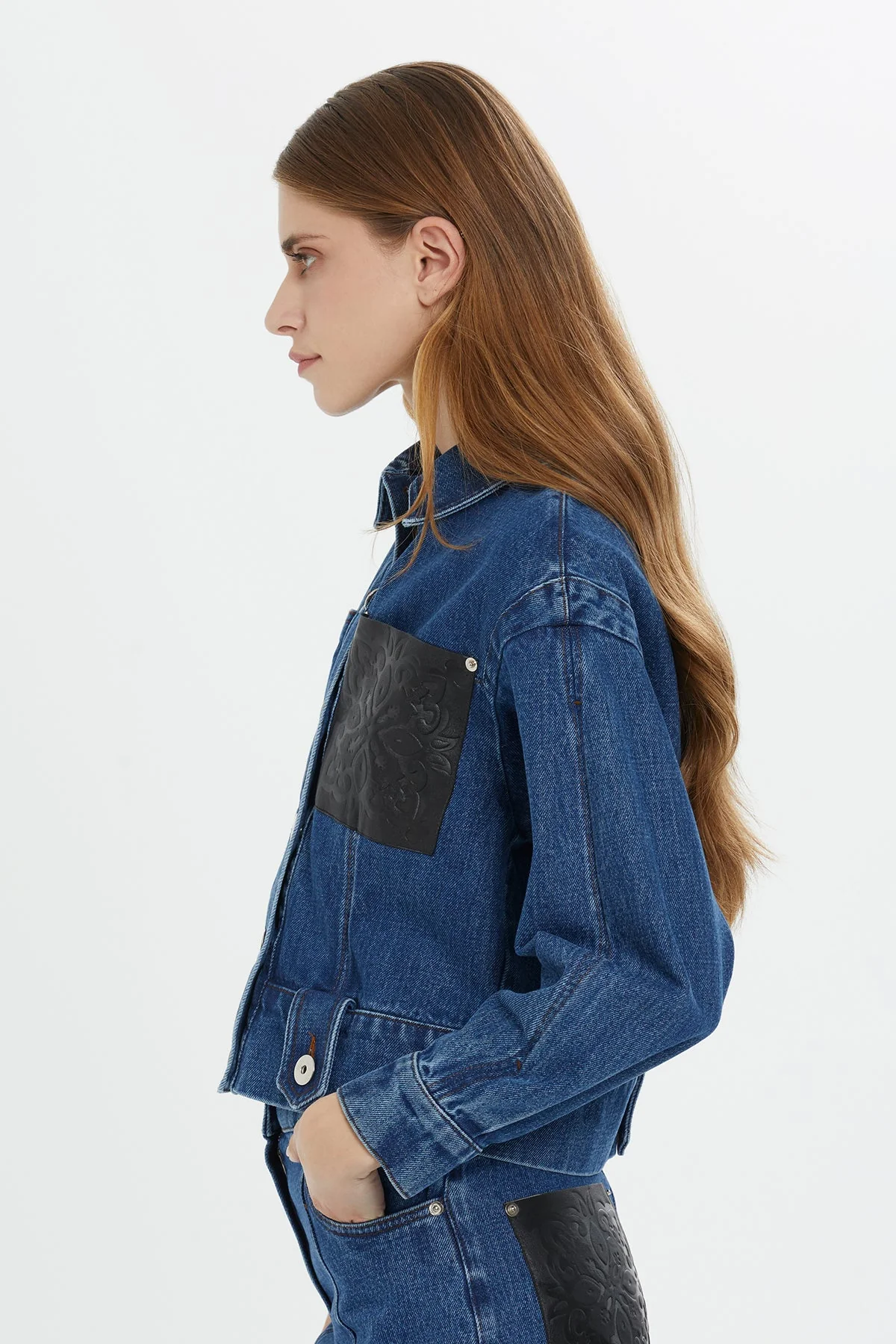 Leather-Detail Cropped Denim Jacket - Image 3