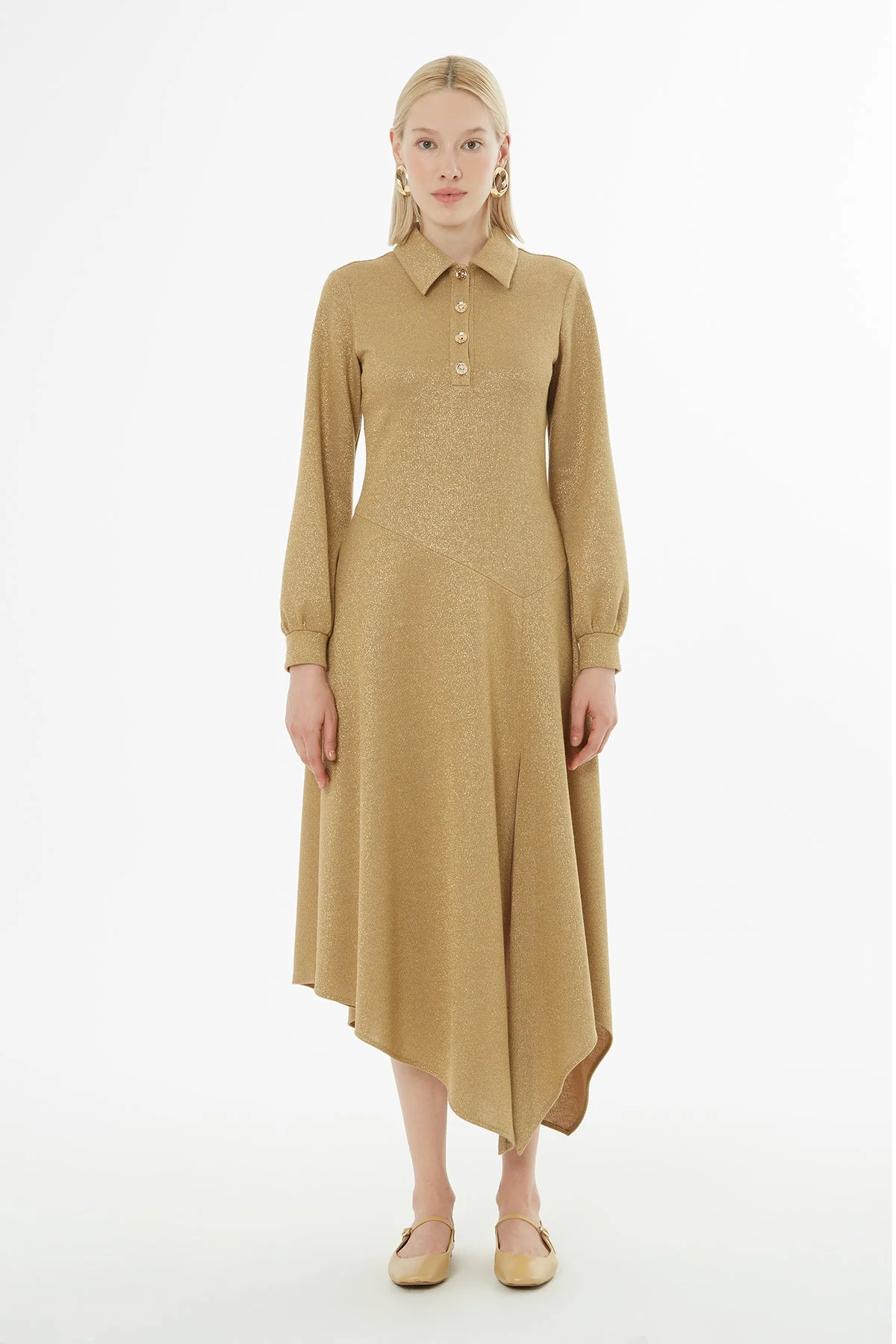 Long-Sleeved Midi Beige Dress
