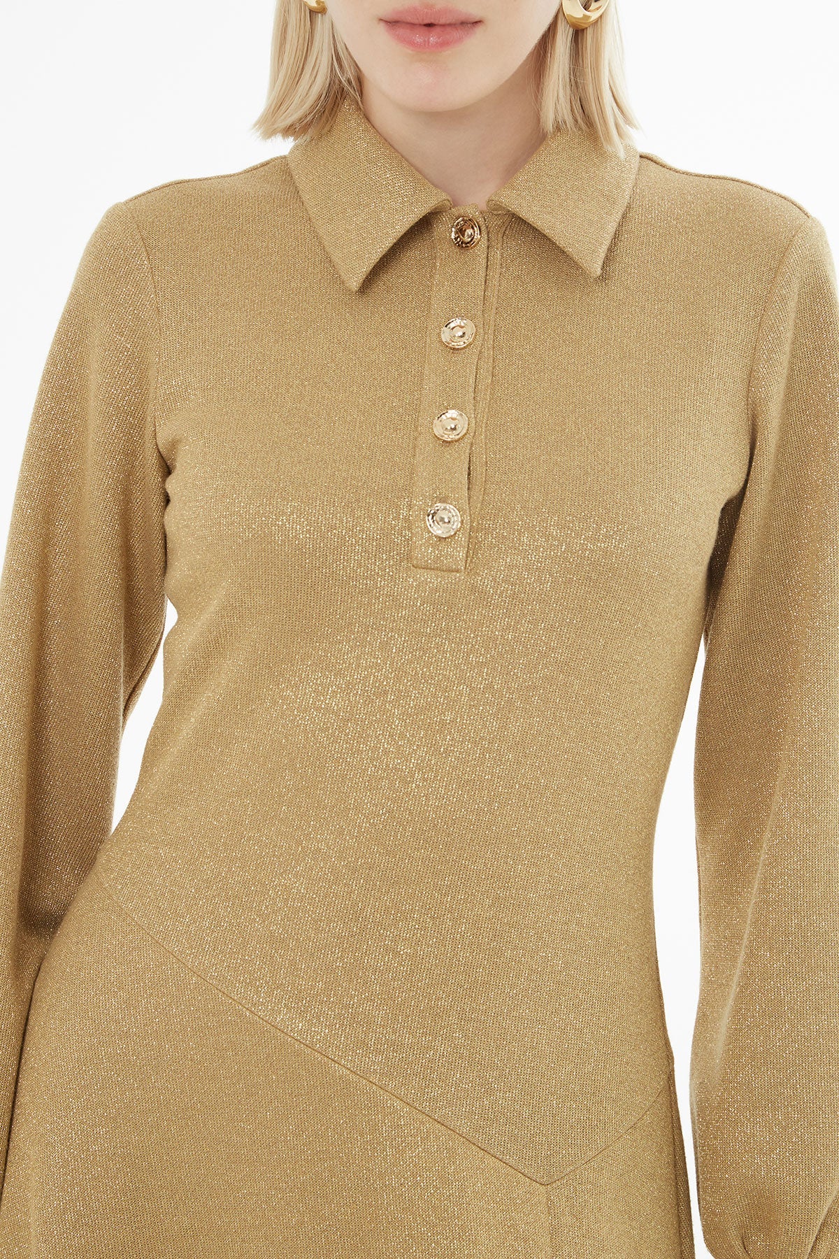 Long-Sleeved Midi Beige Dress - Image 2