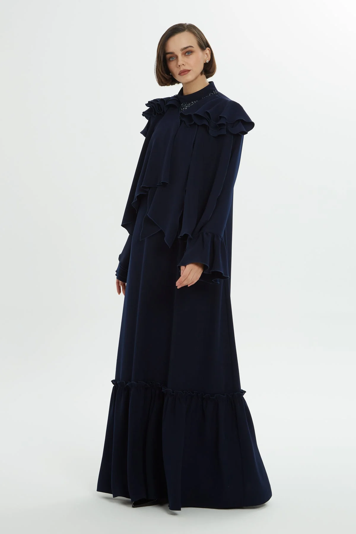 Navy Beaded Ruffle-Detail Long Dress