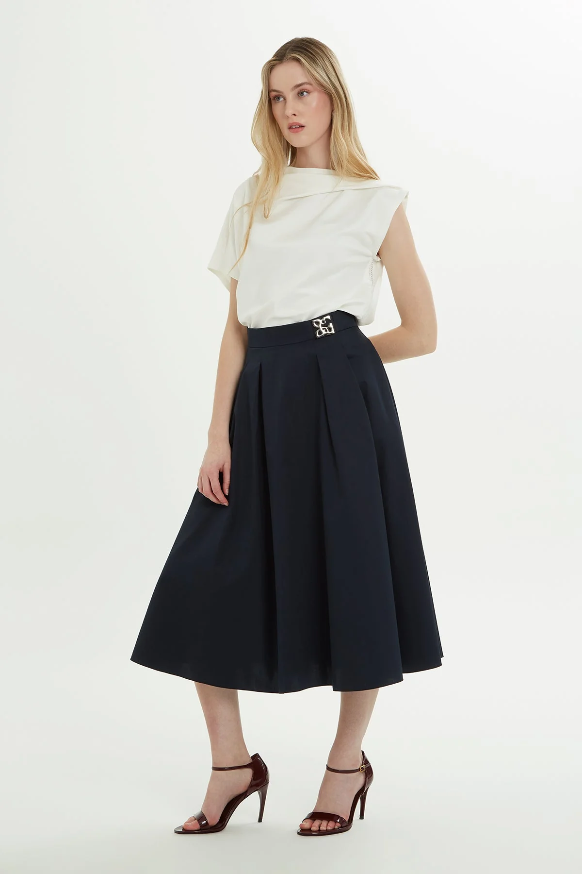 Navy Buckle-Detail Cotton Midi Skirt - Image 3