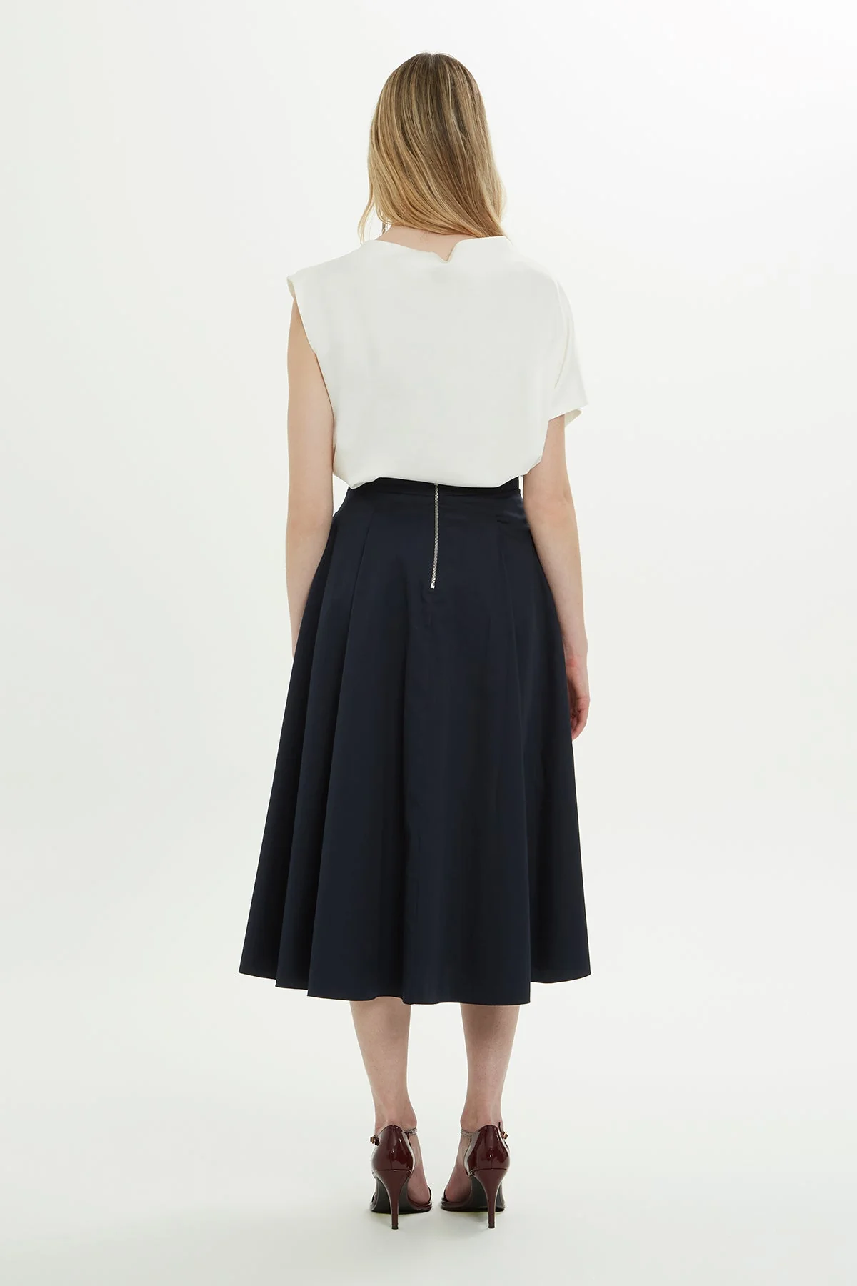 Navy Buckle-Detail Cotton Midi Skirt - Image 4