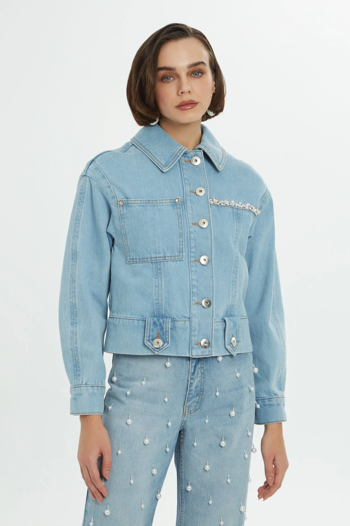 Navy Cutout Stone-Detail Denim Jacket - Image 3