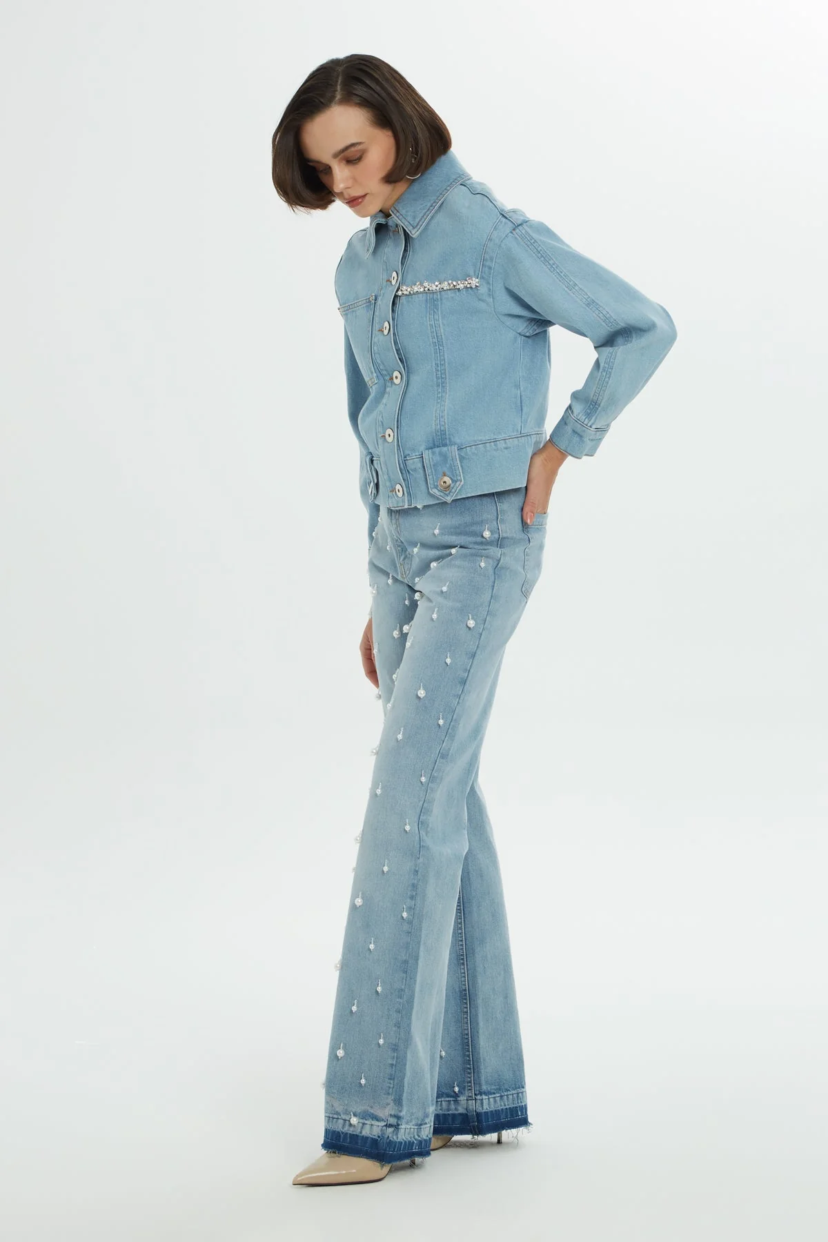 Navy Cutout Stone-Detail Denim Jacket - Image 4