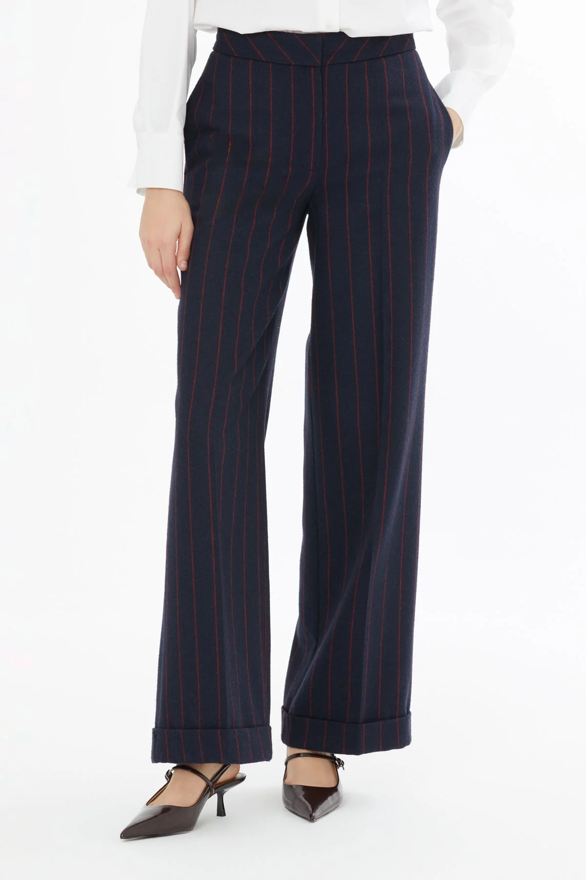 Navy Double-Hem Striped Trousers - Image 2