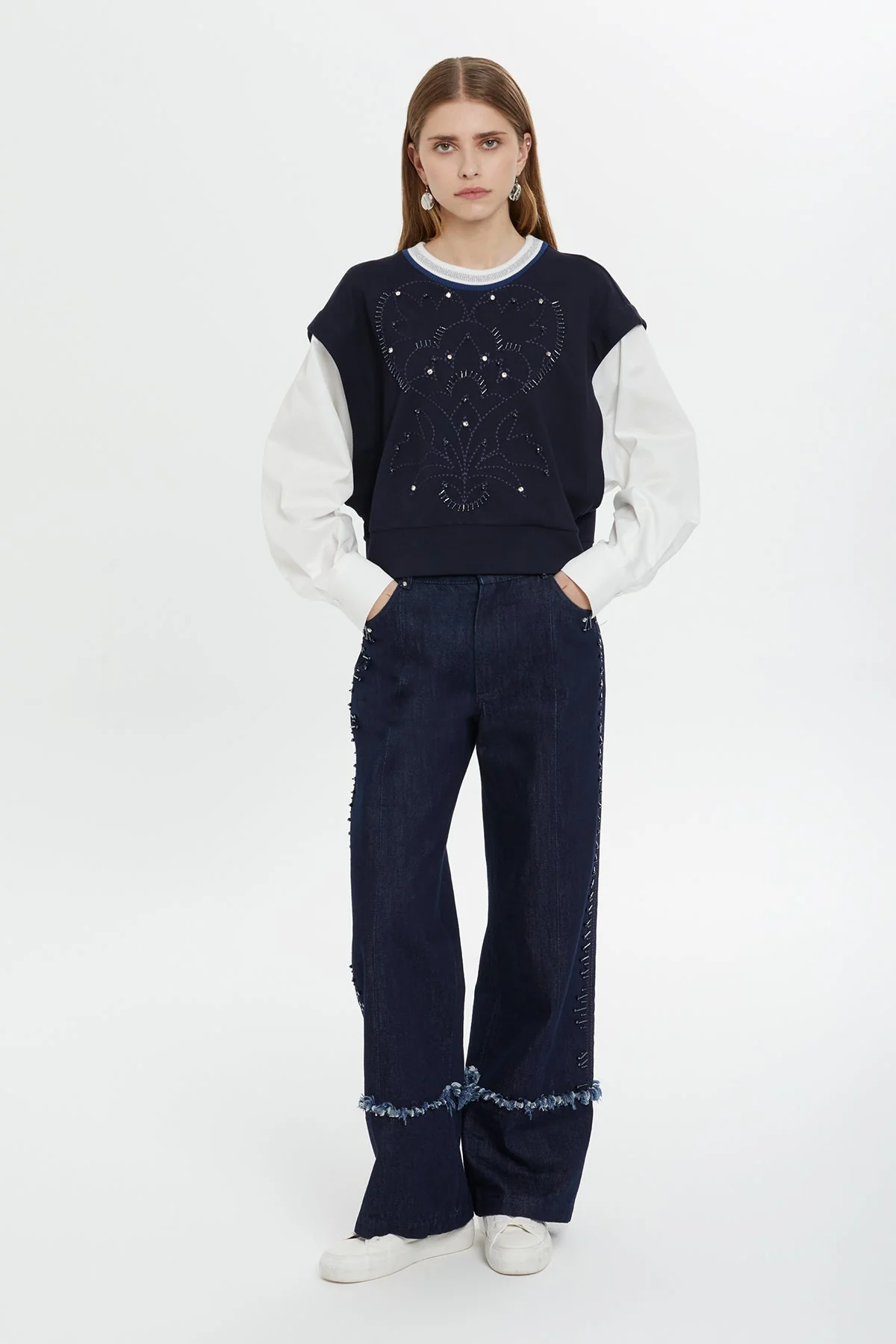 Navy Embroidered Chain-Stitch Long-Sleeve Blouse - Image 2