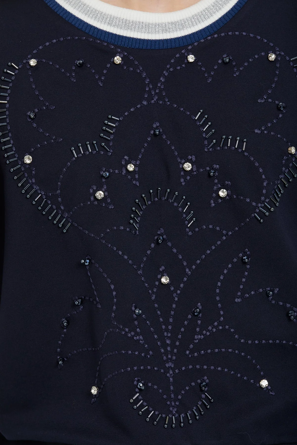 Navy Embroidered Chain-Stitch Long-Sleeve Blouse - Image 3