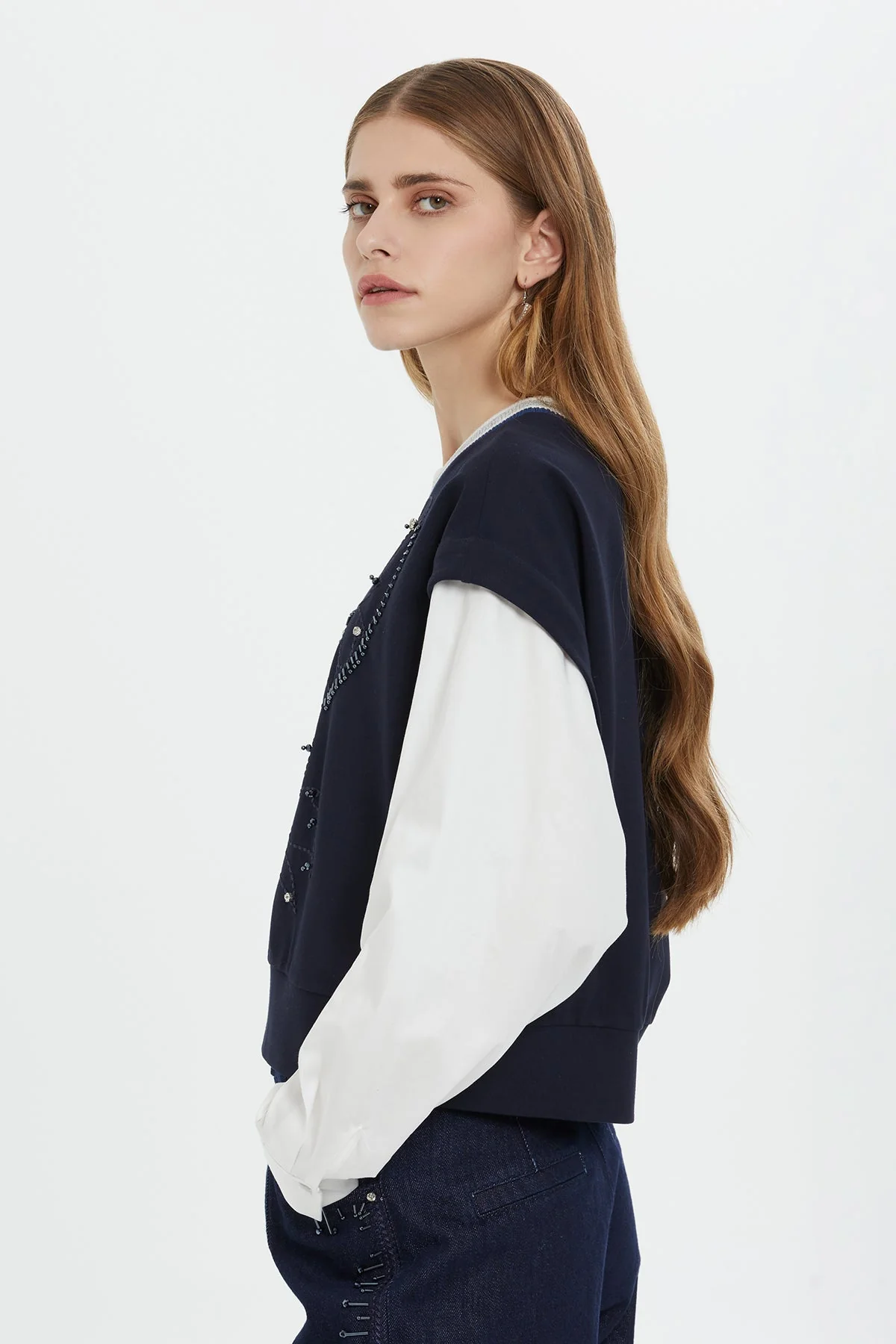 Navy Embroidered Chain-Stitch Long-Sleeve Blouse - Image 4