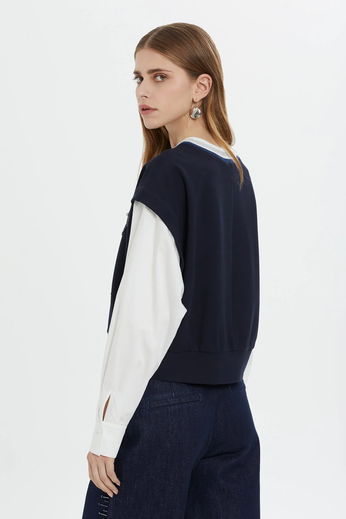 Navy Embroidered Chain-Stitch Long-Sleeve Blouse - Image 5