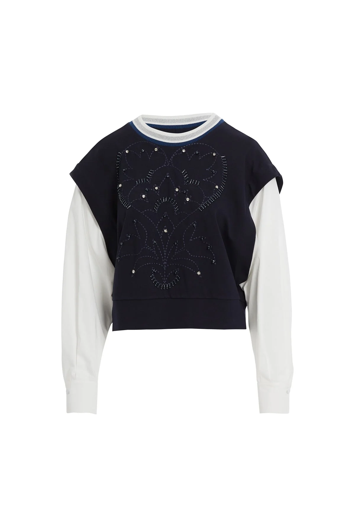 Navy Embroidered Chain-Stitch Long-Sleeve Blouse - Image 6