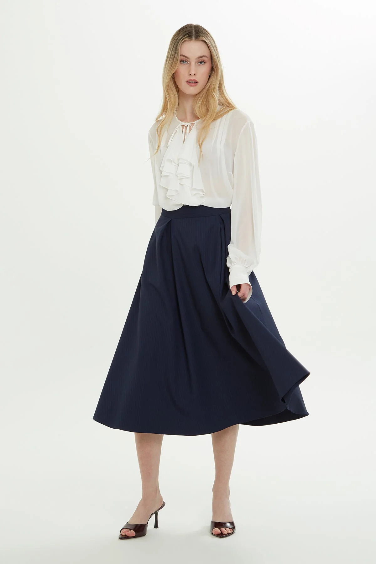Navy Flared Midi Skirt - Image 3