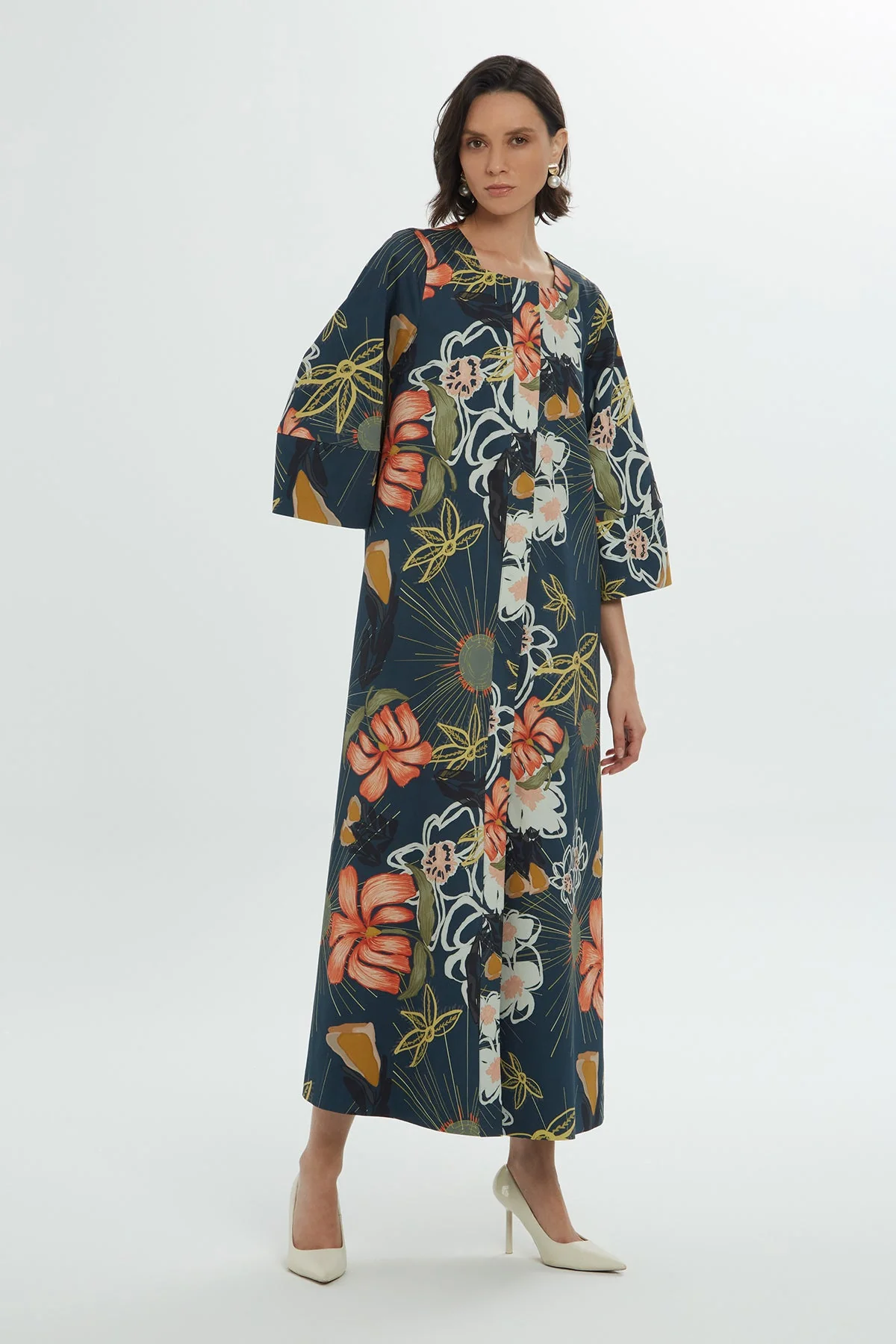 Navy Floral-Patterned Midi Dress