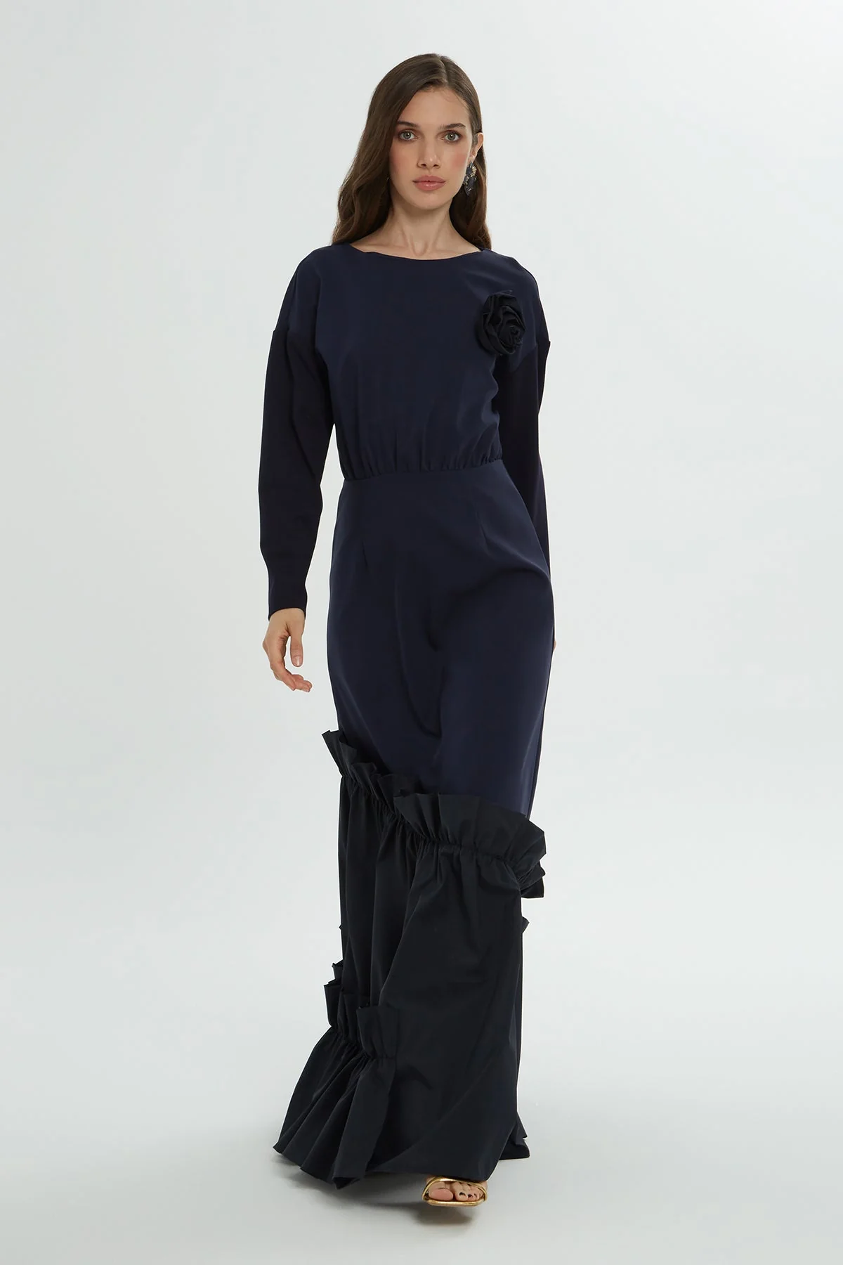 Navy Long Dress with Ruffle Details - Image 2