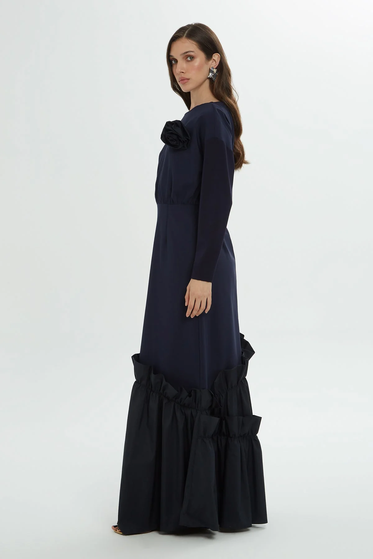 Navy Long Dress with Ruffle Details - Image 3