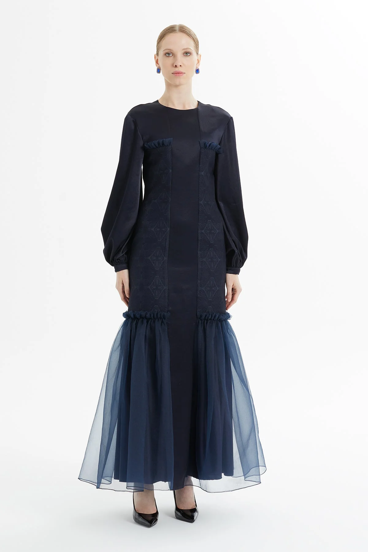 Navy Long Dress with Tulle Detail - Image 2