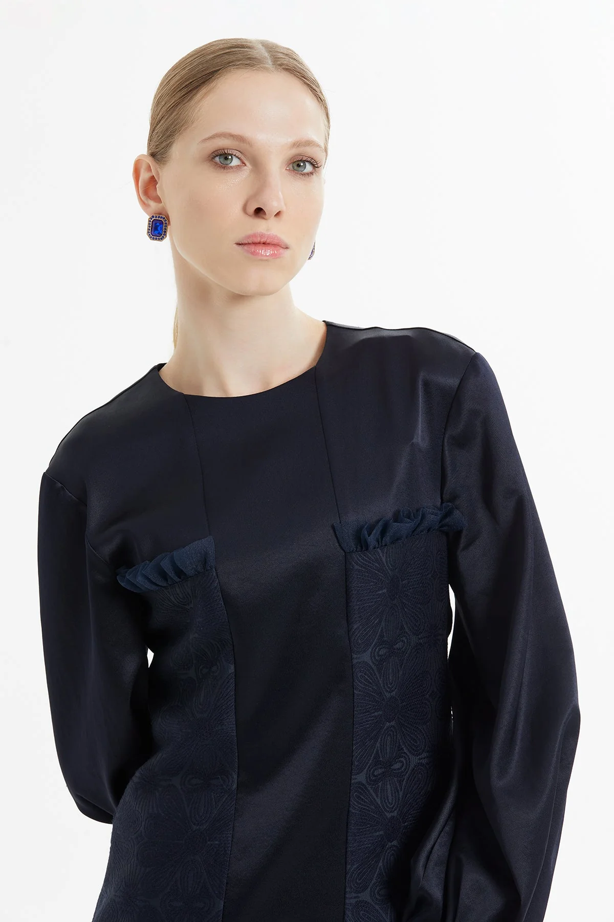 Navy Long Dress with Tulle Detail - Image 3