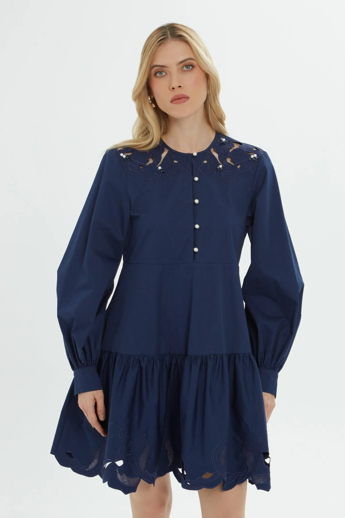 Navy Pearl-Button Short Dress - Image 3