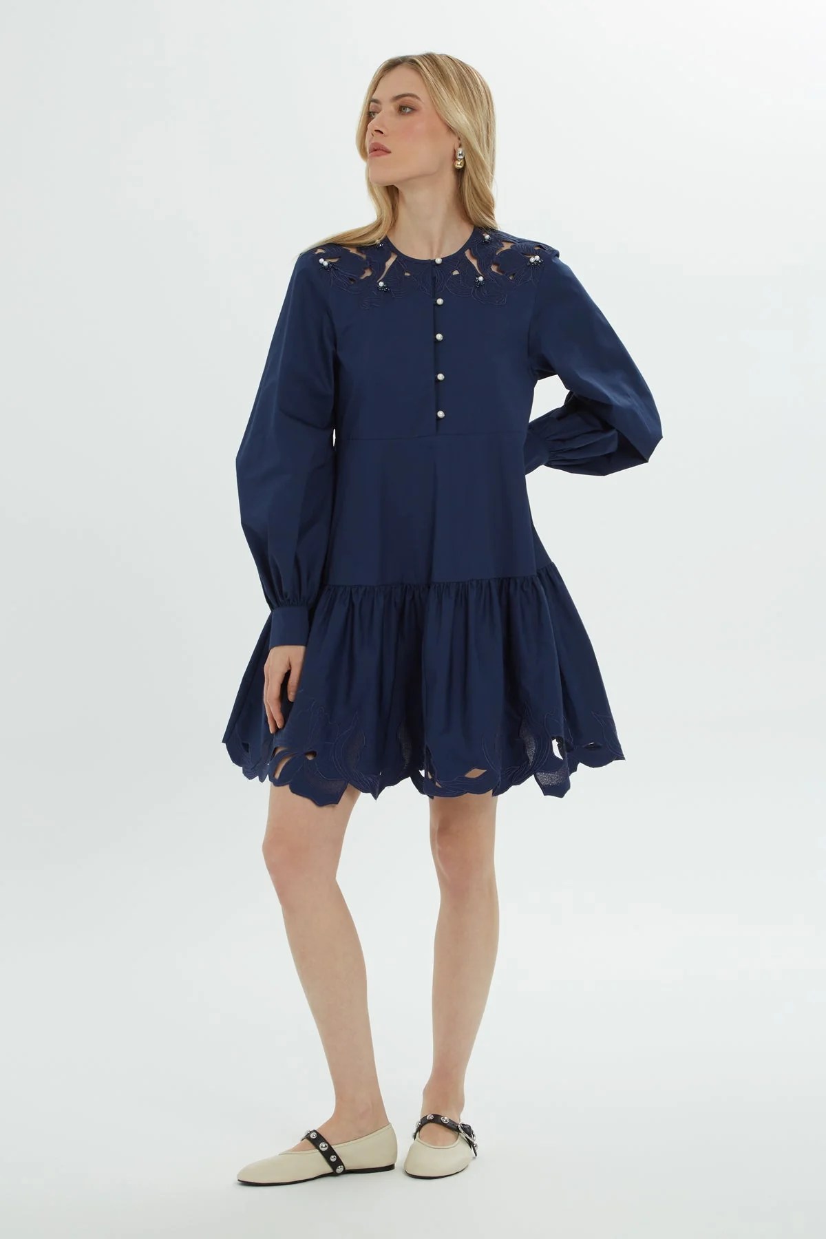 Navy Pearl-Button Short Dress - Image 4