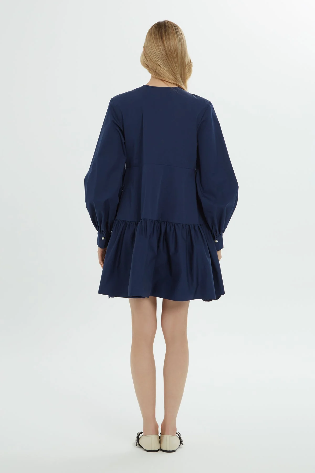 Navy Pearl-Button Short Dress - Image 5