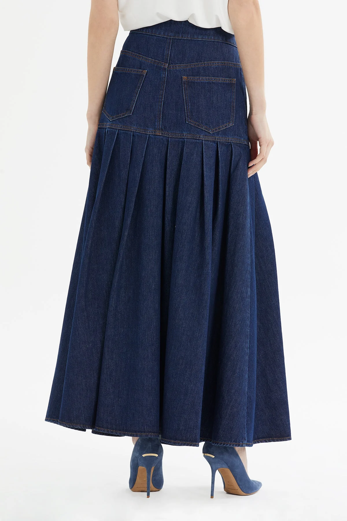 Navy Pleated Maxi Denim Skirt - Image 5