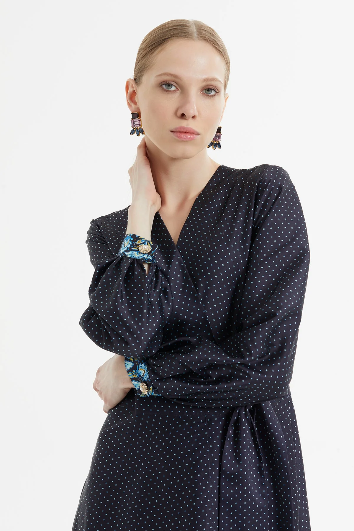 Navy Polka-Dot Long Belted Dress - Image 2