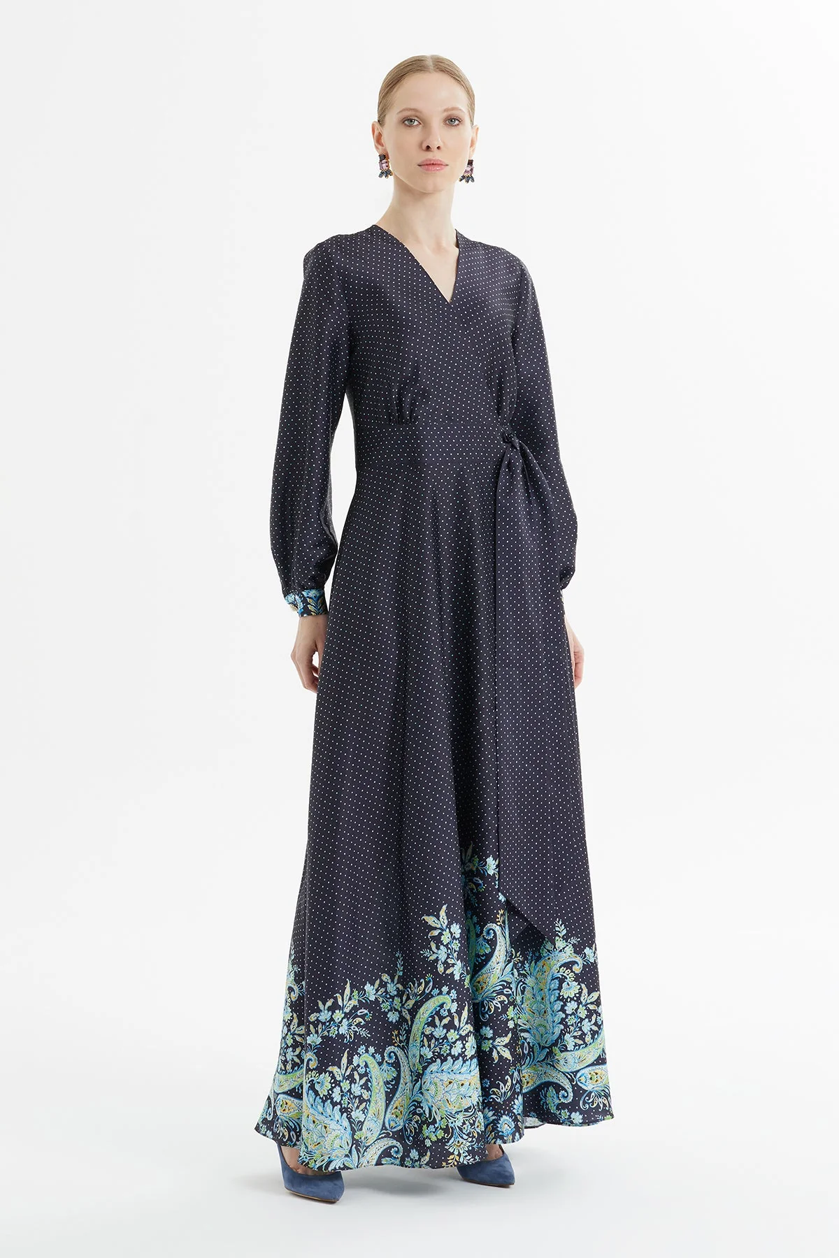 Navy Polka-Dot Long Belted Dress - Image 3