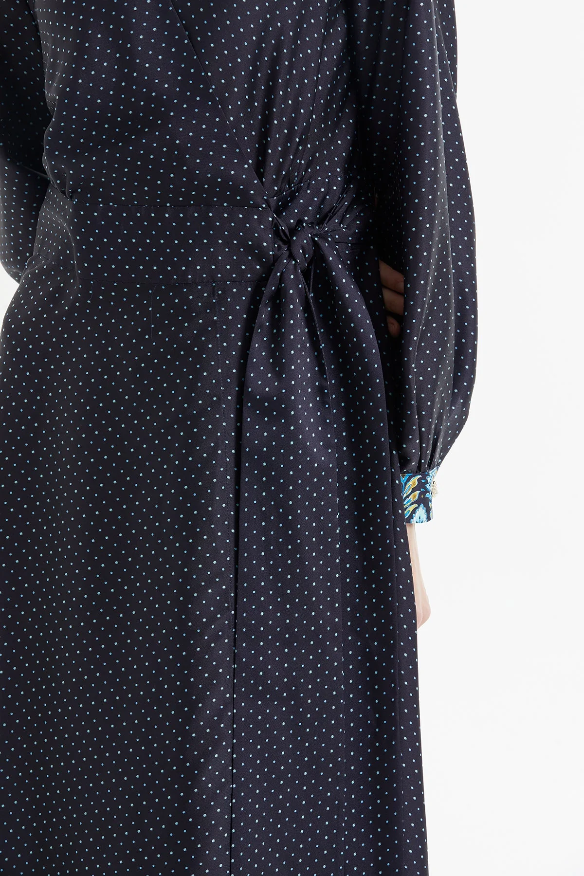 Navy Polka-Dot Long Belted Dress - Image 4