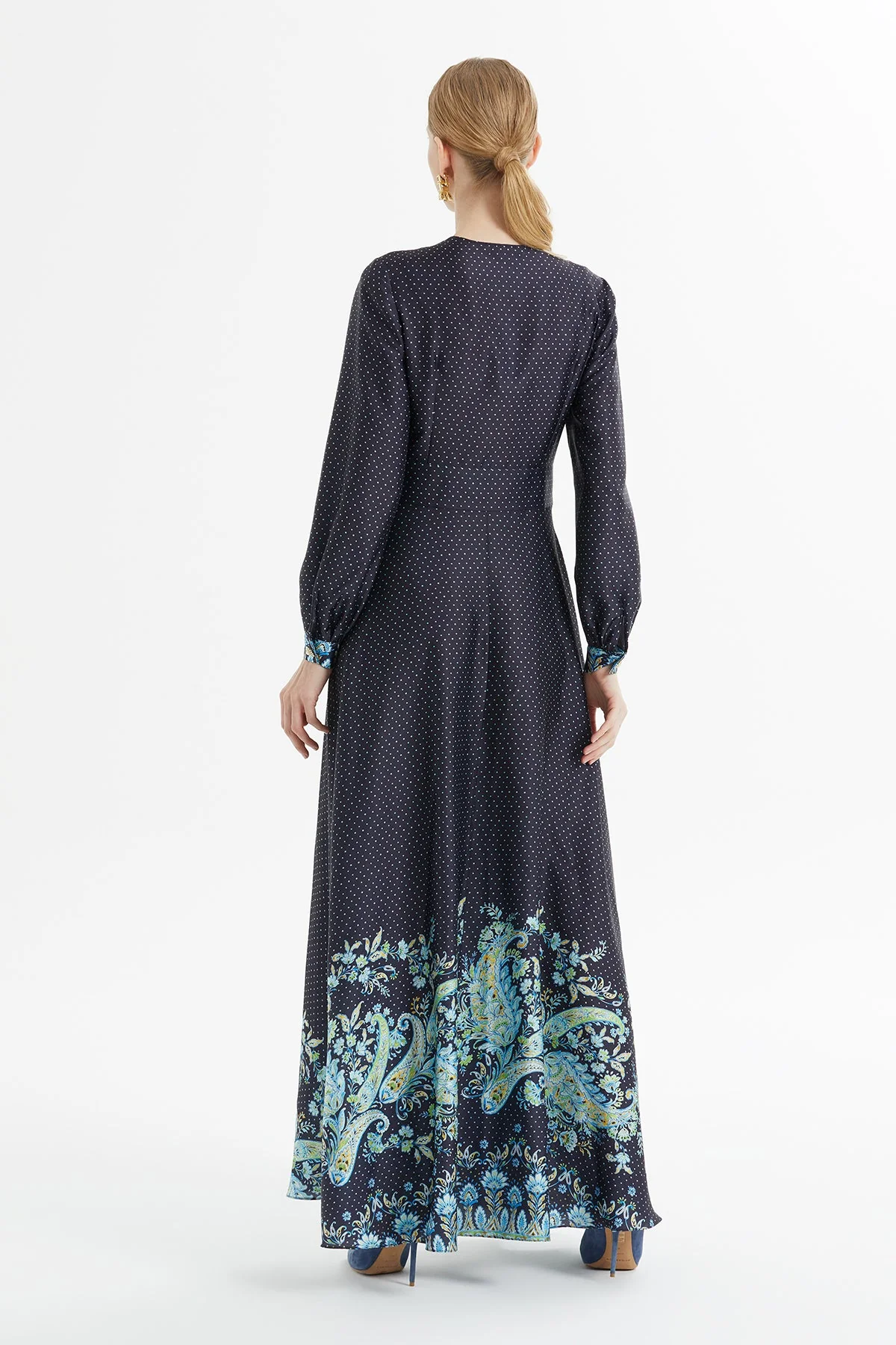 Navy Polka-Dot Long Belted Dress - Image 6