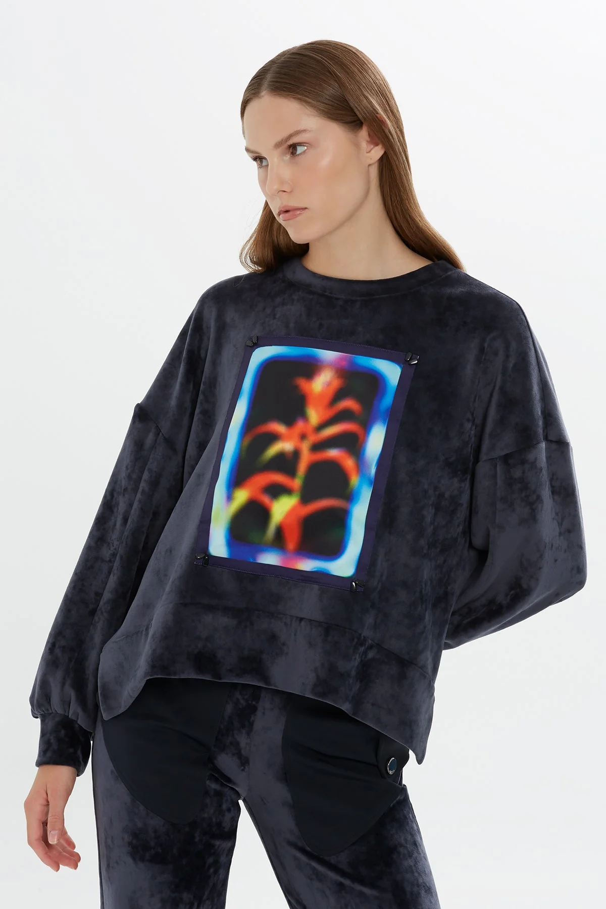 Navy Printed Velvet Sweatshirt