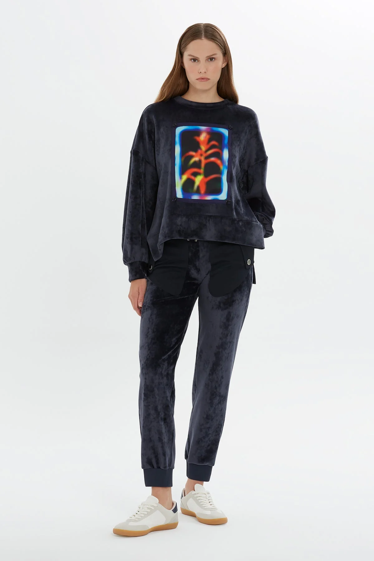 Navy Printed Velvet Sweatshirt - Image 2