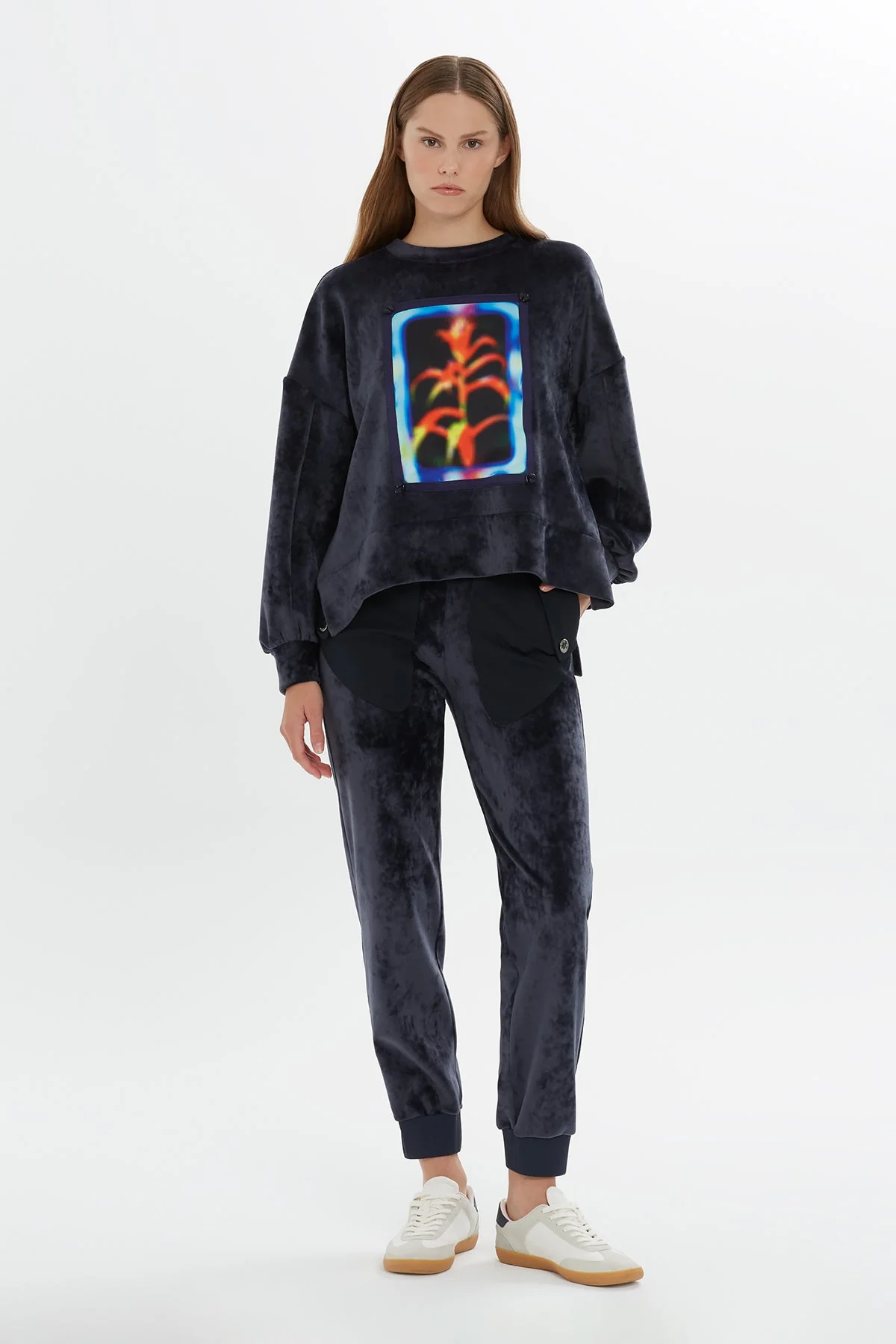 Navy Printed Velvet Sweatshirt - Image 3