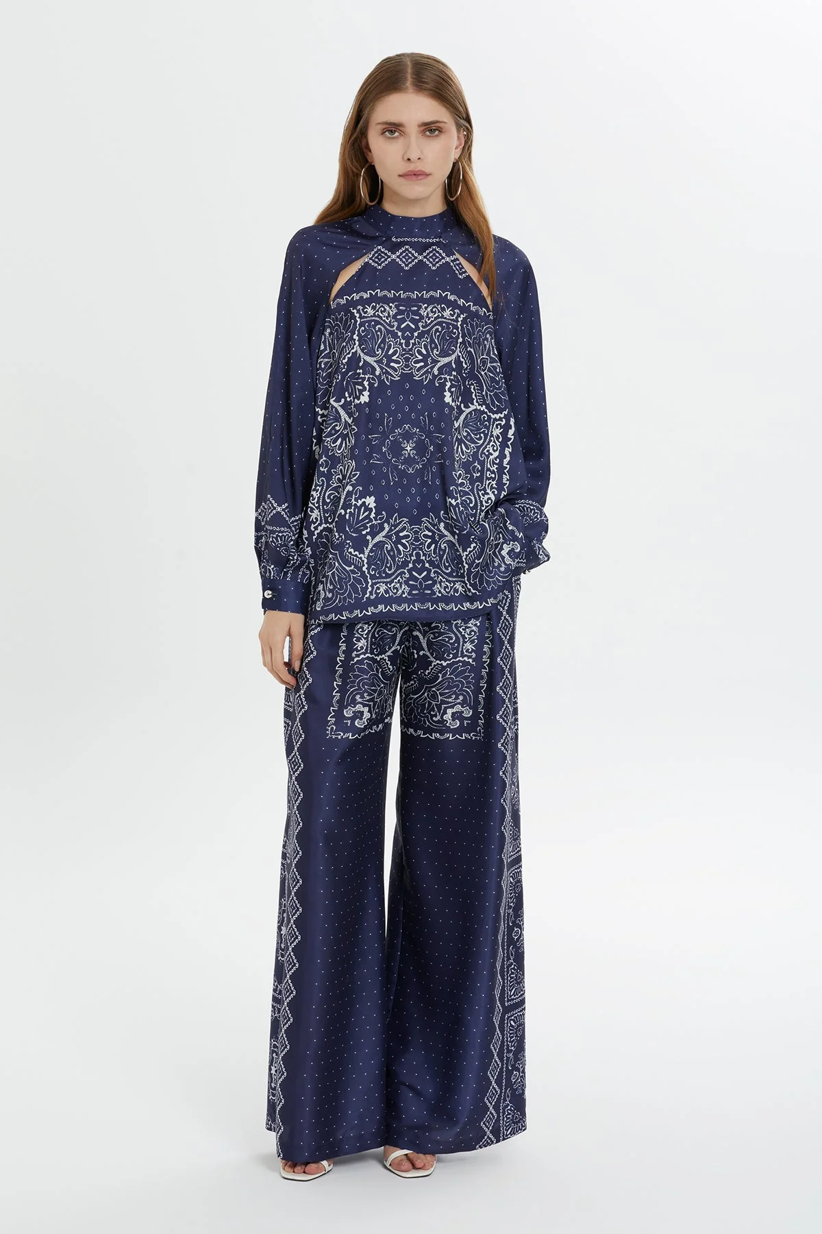 Navy Raglan-Sleeve Patterned Blouse